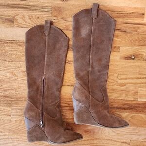 Brown Suede Knee-High Wedge Boots
